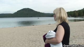 Huge breasts blonde old lady riding stranger's penis on outdoors