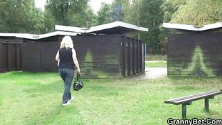 Huge breasts blonde old lady riding stranger's penis on outdoors