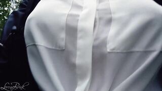 Boobwalk, White Blouse and Leather Jacket