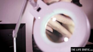 Long-boobies Cutie studies her bushy twat with a magnifying glass