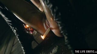 Babe Dark Haired Squirting as she Fucks herself with a Lit Candle