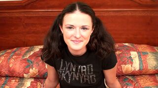Teen with pigtails gives head in her first porn