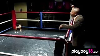 Muscular big tit blonde older beating a guy into the boxing