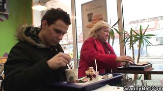 He brings hungry blonde grandmother home for play