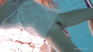 White clothed tight bushy Goddess Katy Soroka underwater