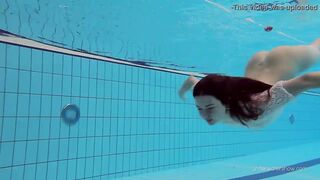 White clothed tight bushy Goddess Katy Soroka underwater