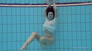 White clothed tight bushy Goddess Katy Soroka underwater