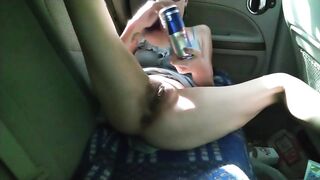 Masturbating inside the Backseat of my Vehicle , Tiny Red Bull Can, Huge Red Bull Can, Long Pink Double Cock