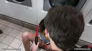 Bound dark haired skank nailed inside laundromat
