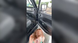 A hot Red Haired Blows my Penis at a Outdoors Vehicle Wash on a Rainy Day with People around
