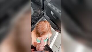 A hot Red Haired Blows my Penis at a Outdoors Vehicle Wash on a Rainy Day with People around