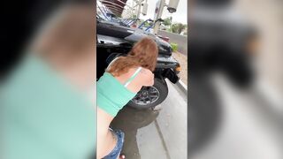 A hot Red Haired Blows my Penis at a Outdoors Vehicle Wash on a Rainy Day with People around