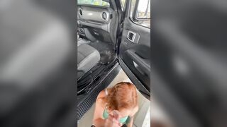 A hot Red Haired Blows my Penis at a Outdoors Vehicle Wash on a Rainy Day with People around