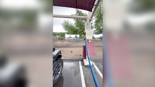A hot Red Haired Blows my Penis at a Outdoors Vehicle Wash on a Rainy Day with People around