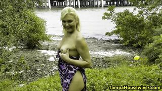 Showing off her Breasts and Bald Twat inside Outdoors