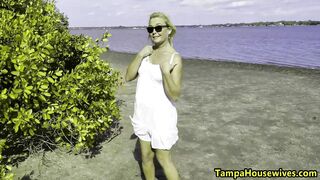 Showing off her Breasts and Bald Twat inside Outdoors