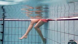Firm huge boobs and red dress underwater on Duna Bultihalo