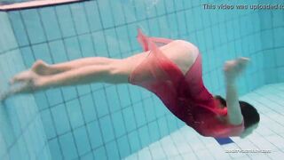 Firm huge boobs and red dress underwater on Duna Bultihalo