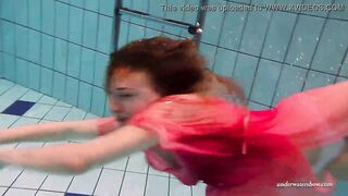 Firm huge boobs and red dress underwater on Duna Bultihalo