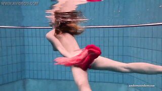 Firm huge boobs and red dress underwater on Duna Bultihalo