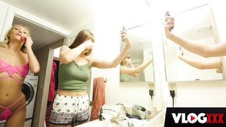 Big Titted Mom, Slim Blonde and Curvy Dark Haired into Soak Photoshoot