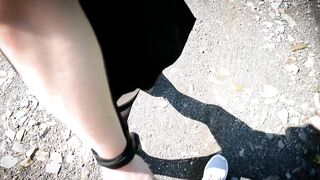 Hottie Exhibitionist into Tights and Heels Nude Walks along a Busy Road Jerks off a Penis Outdoor