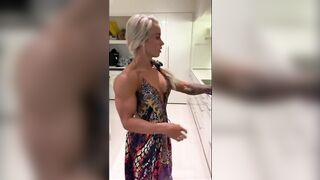Amazingly beauty Blonde Lifts Dress Flexes Muscle Bums