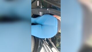 Huge Fat Ass inside Blue Leggings at the Car Wash