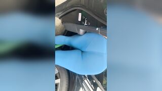 Huge Fat Ass inside Blue Leggings at the Car Wash