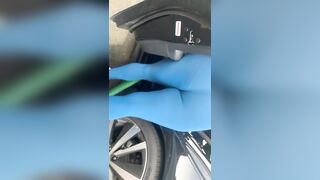 Huge Fat Ass inside Blue Leggings at the Car Wash