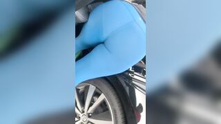 Huge Fat Ass inside Blue Leggings at the Car Wash