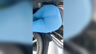 Huge Fat Ass inside Blue Leggings at the Car Wash