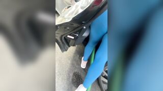Huge Fat Ass inside Blue Leggings at the Car Wash