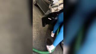 Huge Fat Ass inside Blue Leggings at the Car Wash