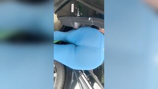 Huge Fat Ass inside Blue Leggings at the Car Wash