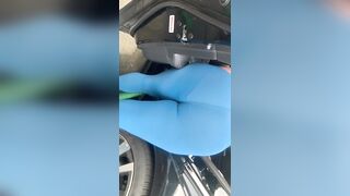 Huge Fat Ass inside Blue Leggings at the Car Wash