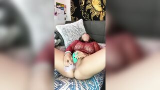 Long Tit Dark Hair Jizzes on Sex Toy