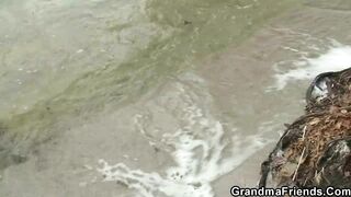 Bombshell grandmother 3 way with boys on the beach
