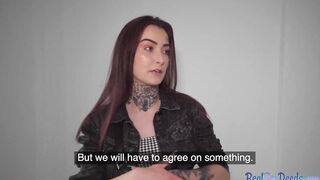 Red Head with tattoos and piercings receives doggy style nailed