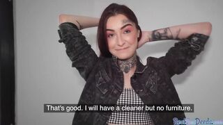 Red Head with tattoos and piercings receives doggy style nailed