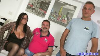 60 year older blows 2 huge dicks and gets her