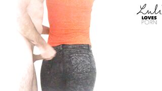The Boss Jerks off and Ejaculates again on my Tight African Jeans - JO Tape - Jeans Bondage - Creampie