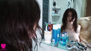 Caught stepsister masturbating inside the WC and was surprised by