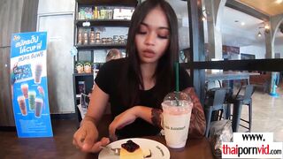 Tattooed amateur Thai 19 year old Miw offering dessert to her euro