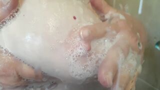 Goddess milf Soaps up her LONG Jugs into the Shower