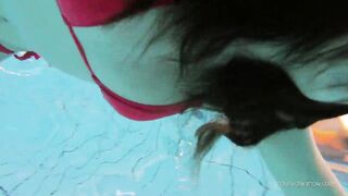 Red swimsuit babe Katy with hairy twat underwater