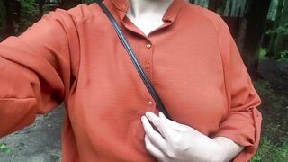 Outside Flashing Saggy Breasts / Twat Flash. Russian Amateur Mom. Risky Public Masturbation into Forest