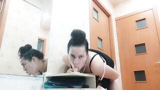 Sucking Off Sex Toy on the Doorstep