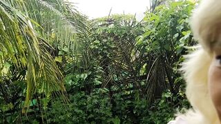 Raining, half Naked Blonde Hoe Smoking into Garden Outdoors