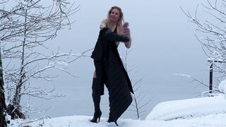 Beautiful Blonde milf Pee into the Snow Standing into Boots on a Magic Blue Winter Day, Peeing Bdsm